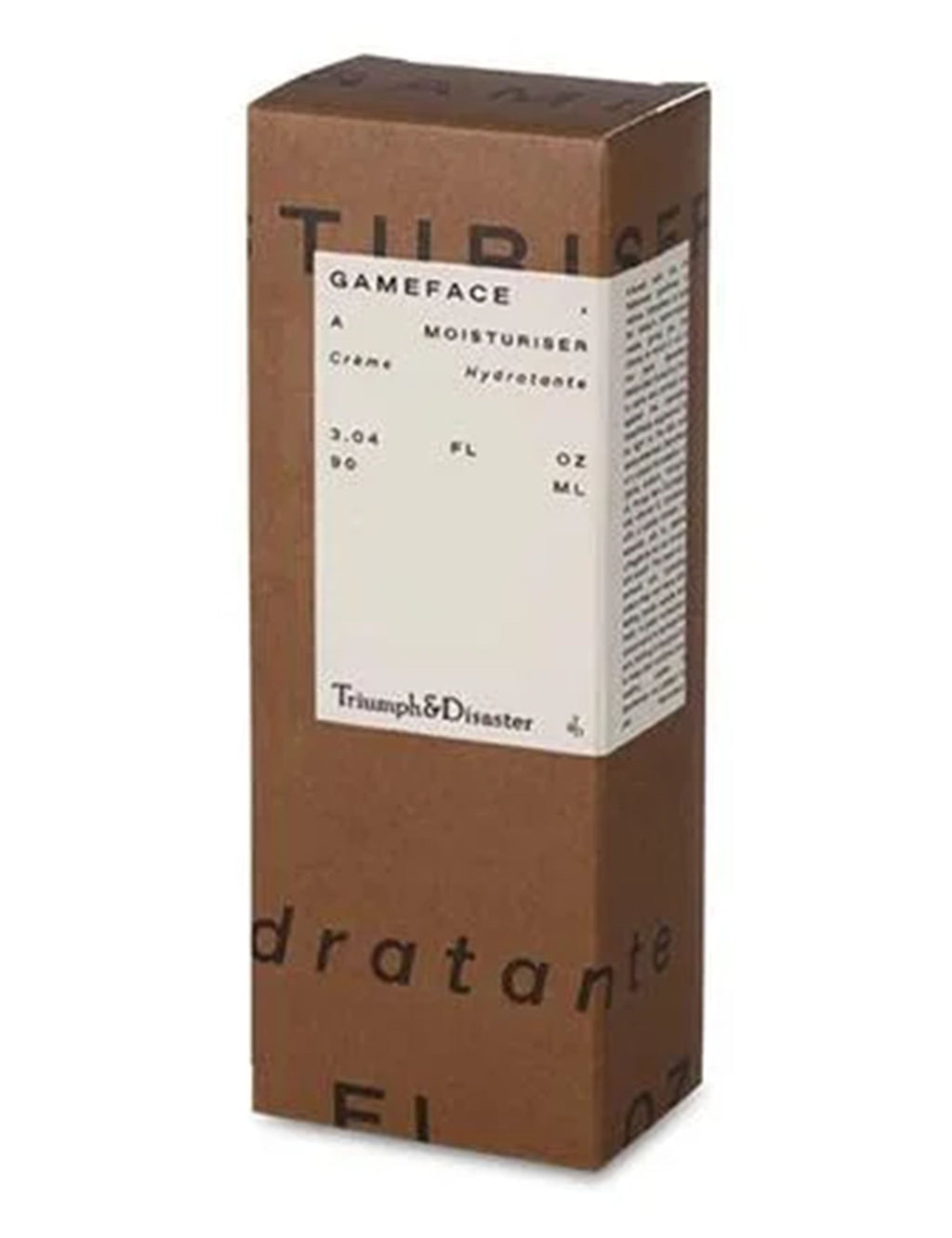 Facial moisturiser carton box in brown with logo label and side text