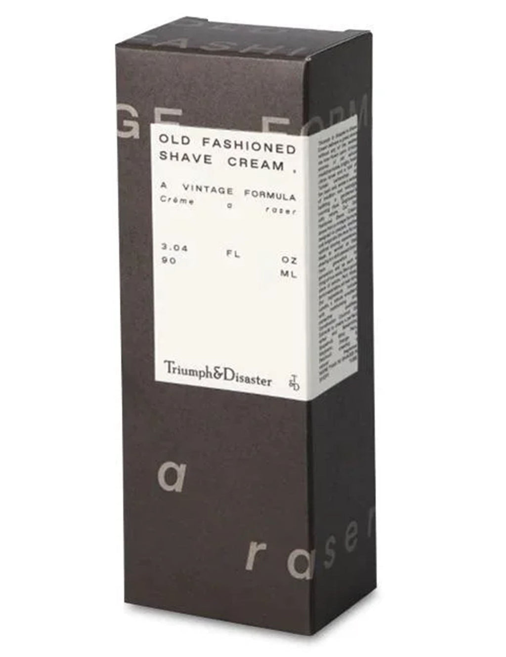 Dark shave cream carton with branding and vintage formula text, 90 ml.