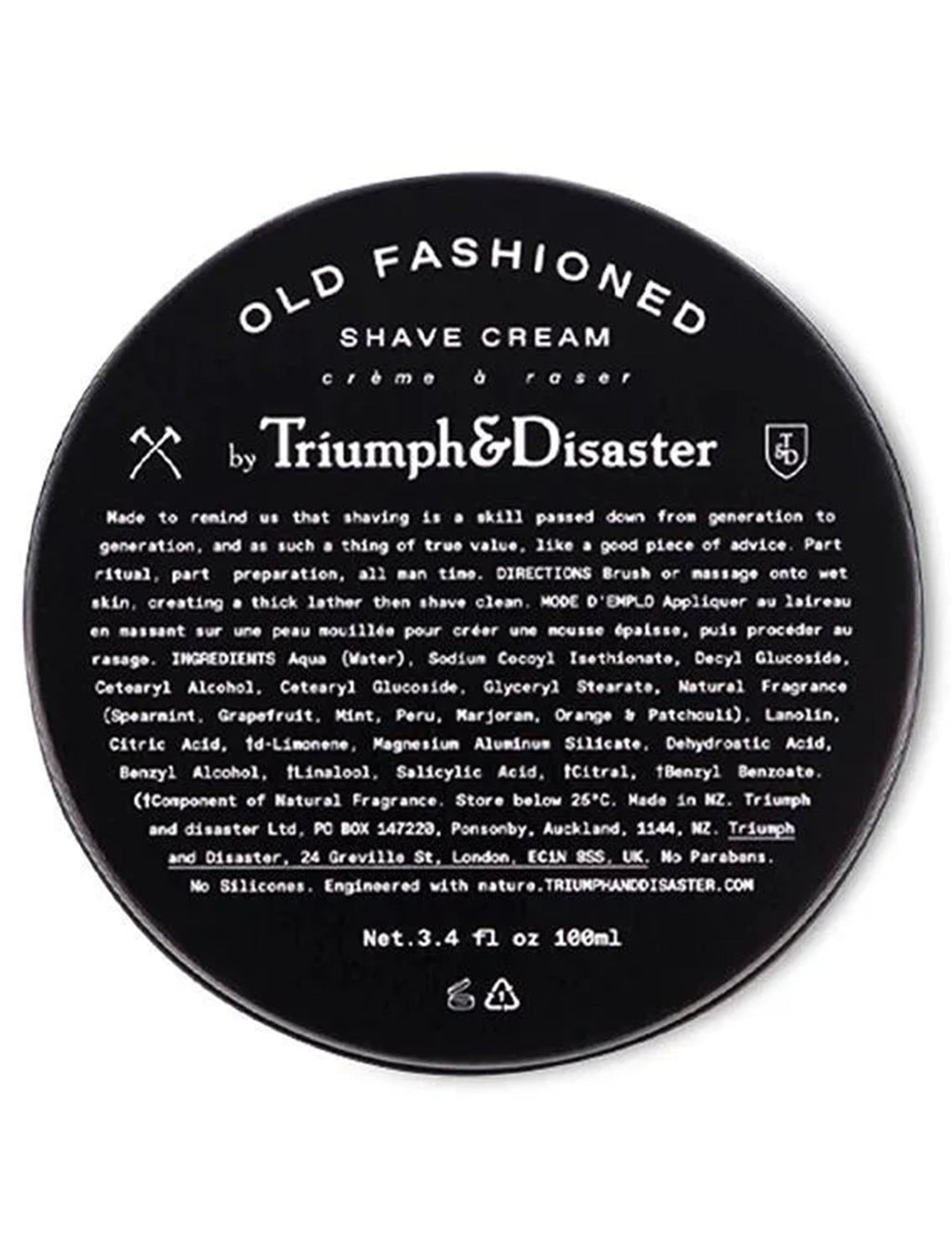 Shave cream jar lid, black with Old Fashioned Shave Cream label and Triumph&Disaster logo