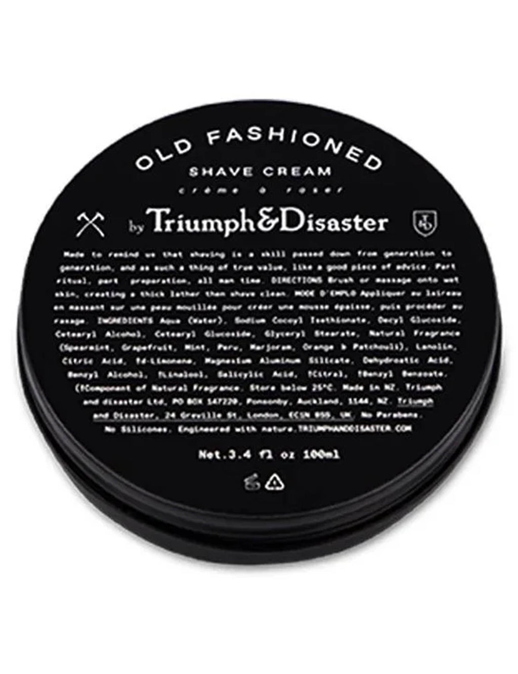 Shave cream jar lid, black with Old Fashioned Shave Cream and ingredient text