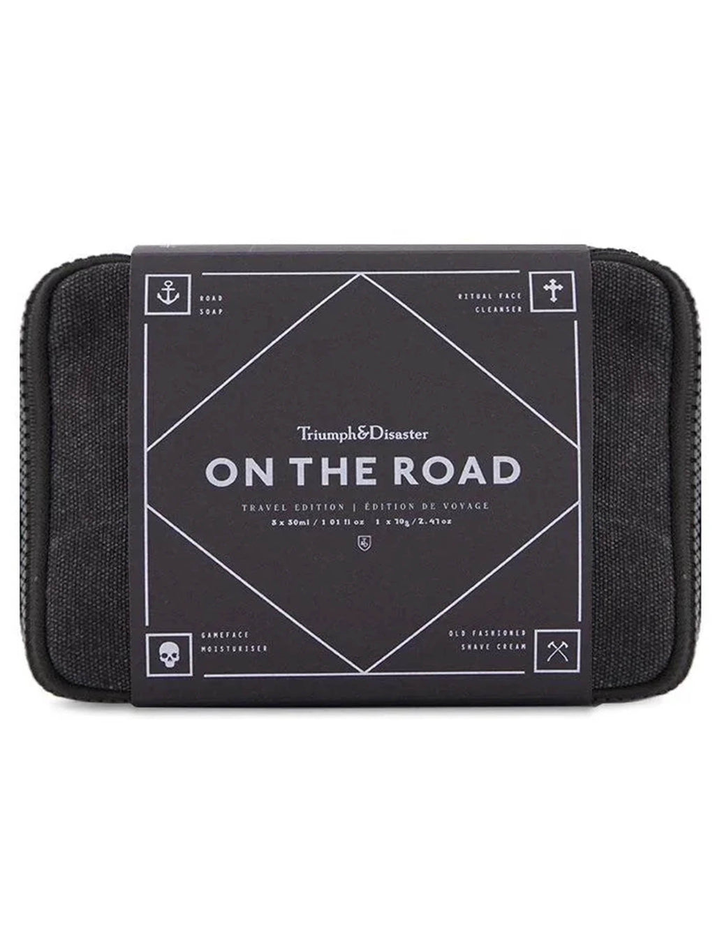 Travel kit case with printed “On the Road” label and geometric design