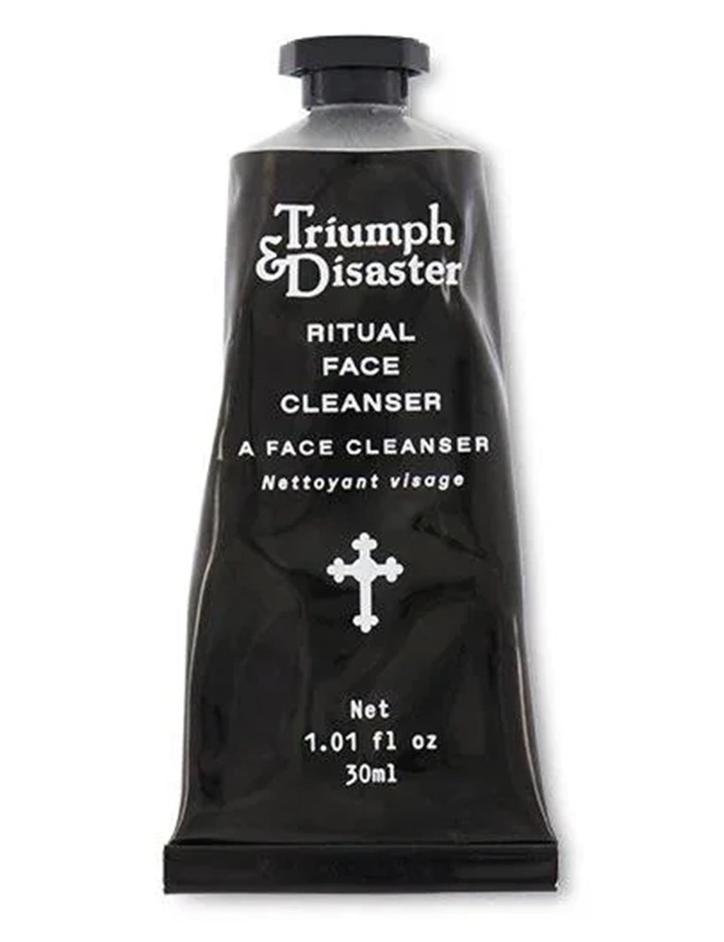 Ritual face cleanser tube, black bottle with Triumph & Disaster branding