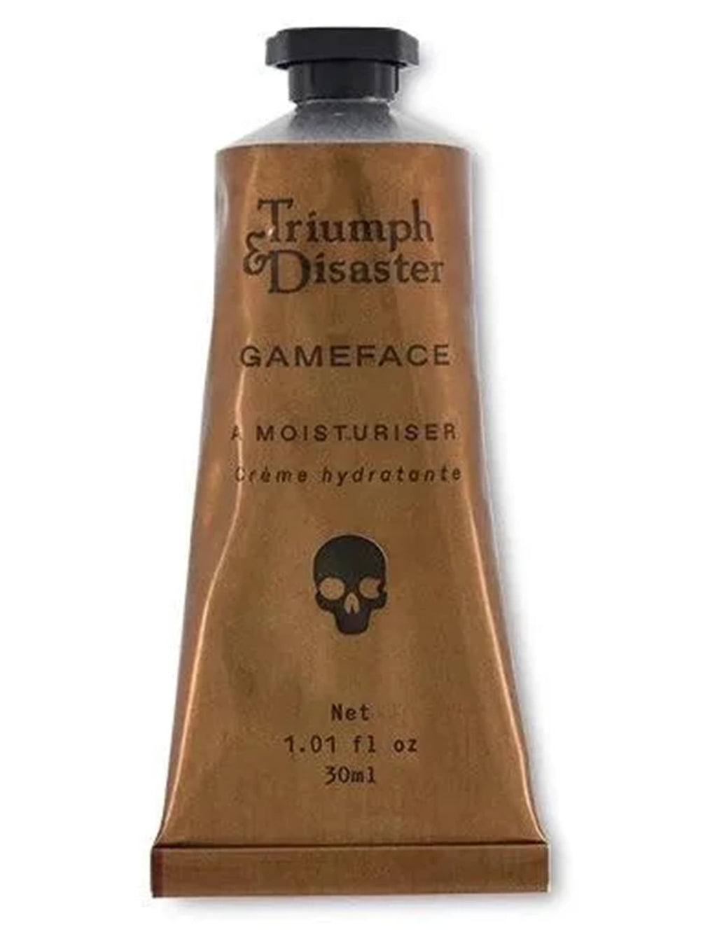 Gameface moisturiser bottle, gold-toned bottle with Triumph & Disaster branding