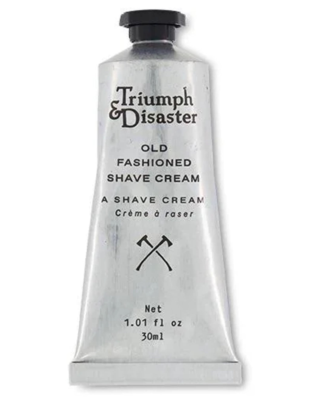 Old fashioned shave cream tube, white bottle with Triumph & Disaster branding