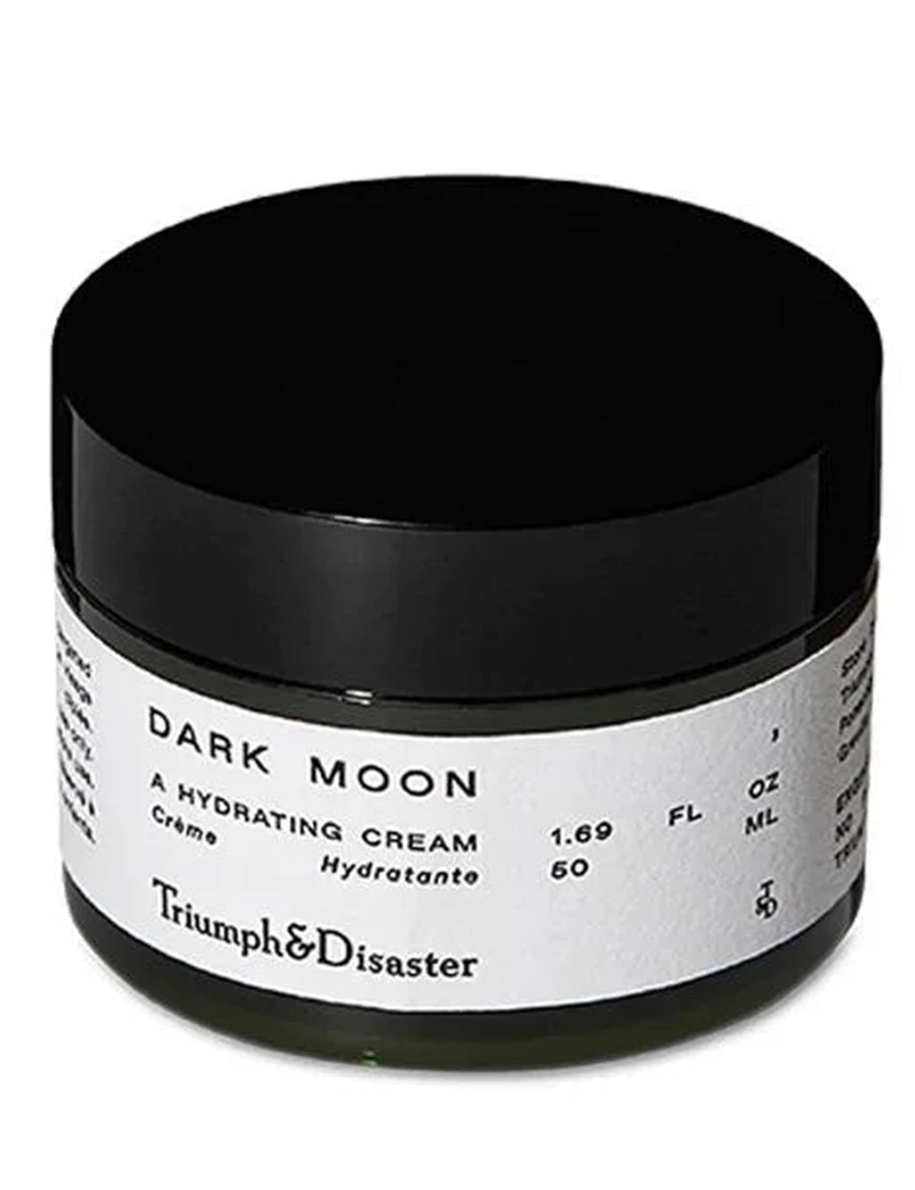 Hydrating night cream jar with black lid and label, Triumph&Disaster