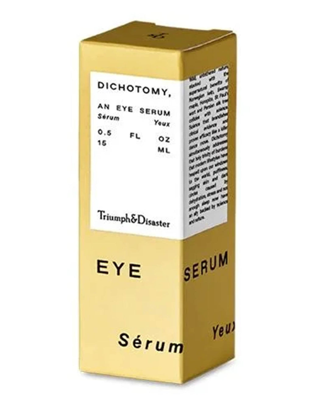 Eye serum box, gold with white label and side text, 15 ml
