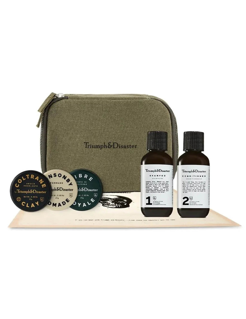 Olive travel kit toiletry bag with zip, two hair bottles, and accessory tins