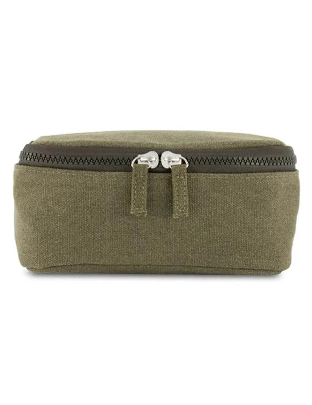 Olive-green zipped toiletry bag, rectangular with double pull tabs