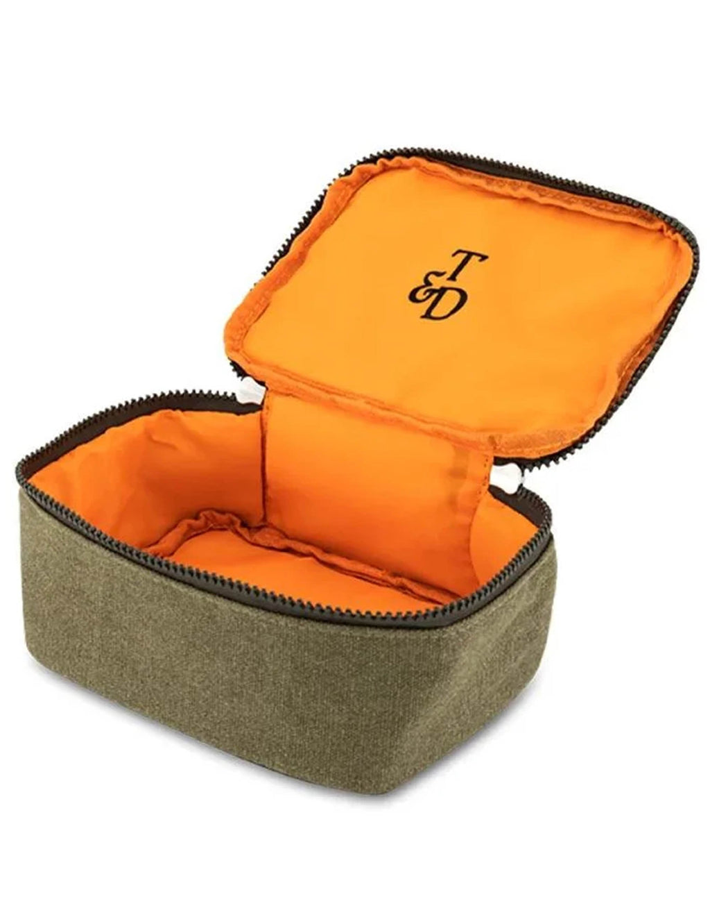 Opened olive toiletry bag with bright orange lining and D logo