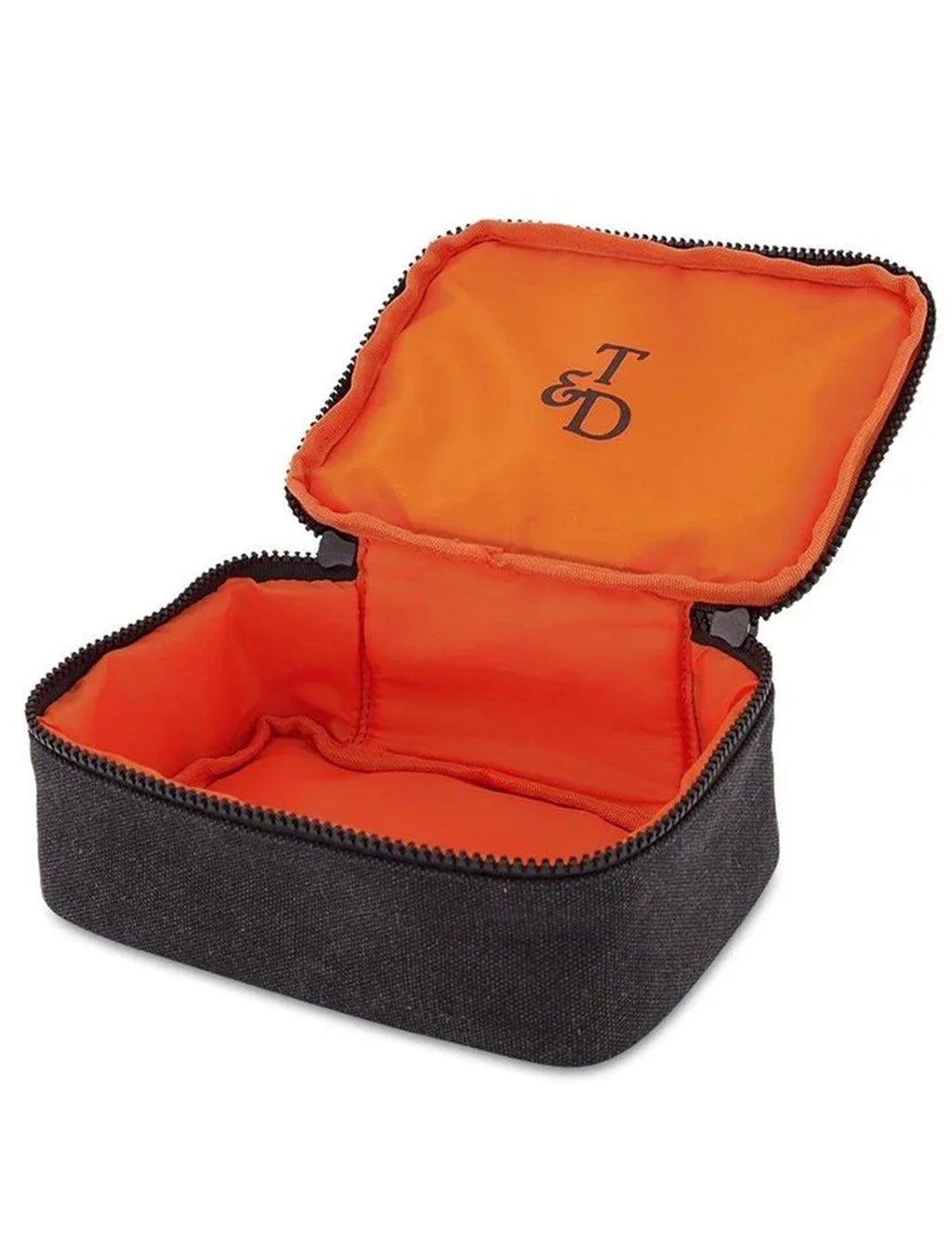 Travel kit zip pouch with orange interior and T&D logo; pouch shown open