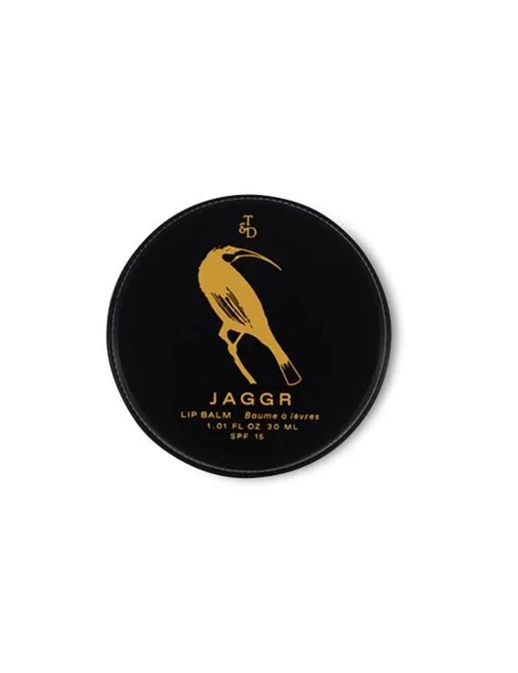Black lip balm jar lid with gold Jaggr lip-balm icon and SPF 15