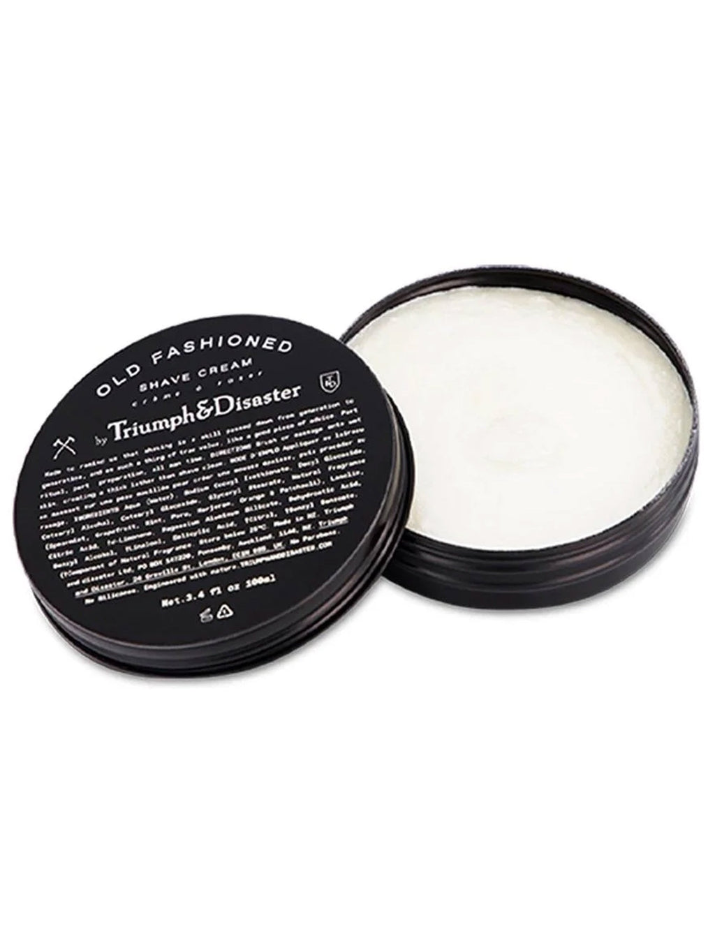 Shave cream jar with open black lid and white cream surface