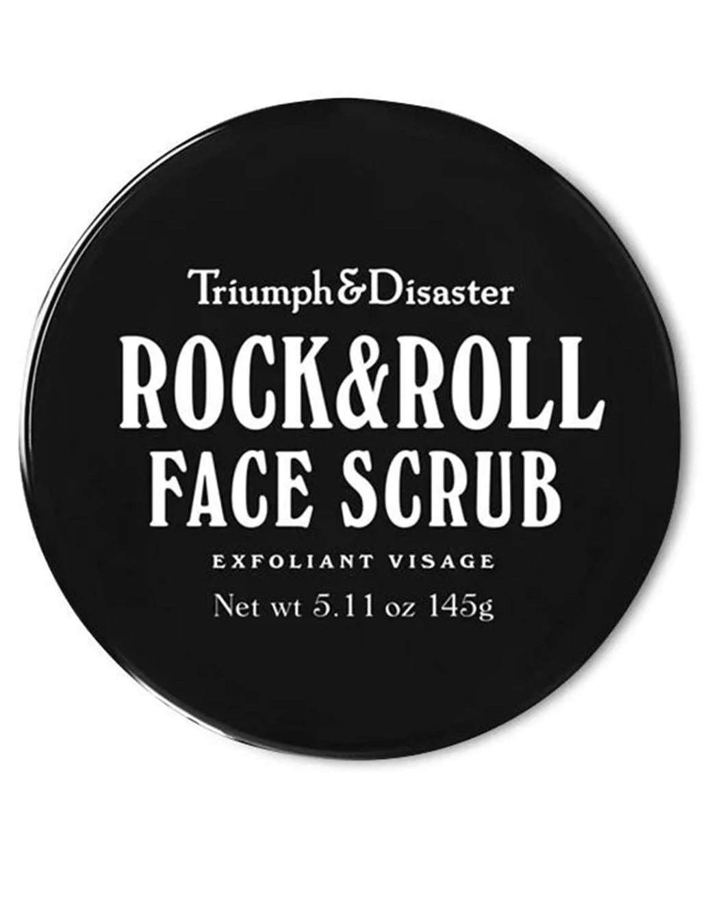 Black round face scrub jar lid with white label text, 145g net wt.