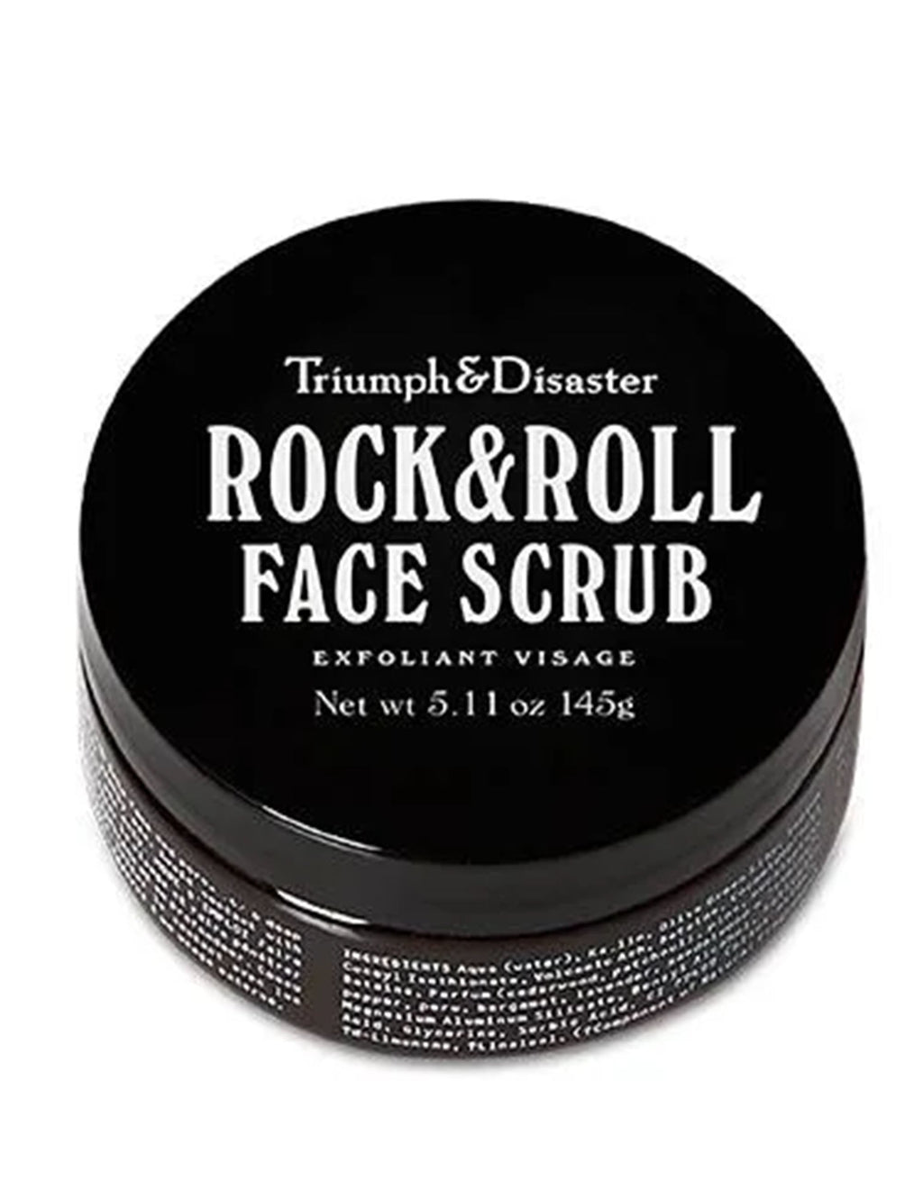 Black face scrub jar with textured sides and white label on lid, 145g.