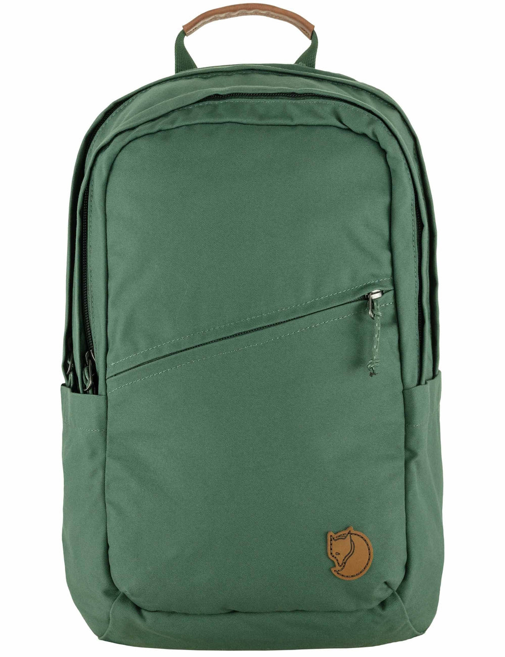 Green canvas backpack with front zip pocket, top handle, and brown leather logo patch