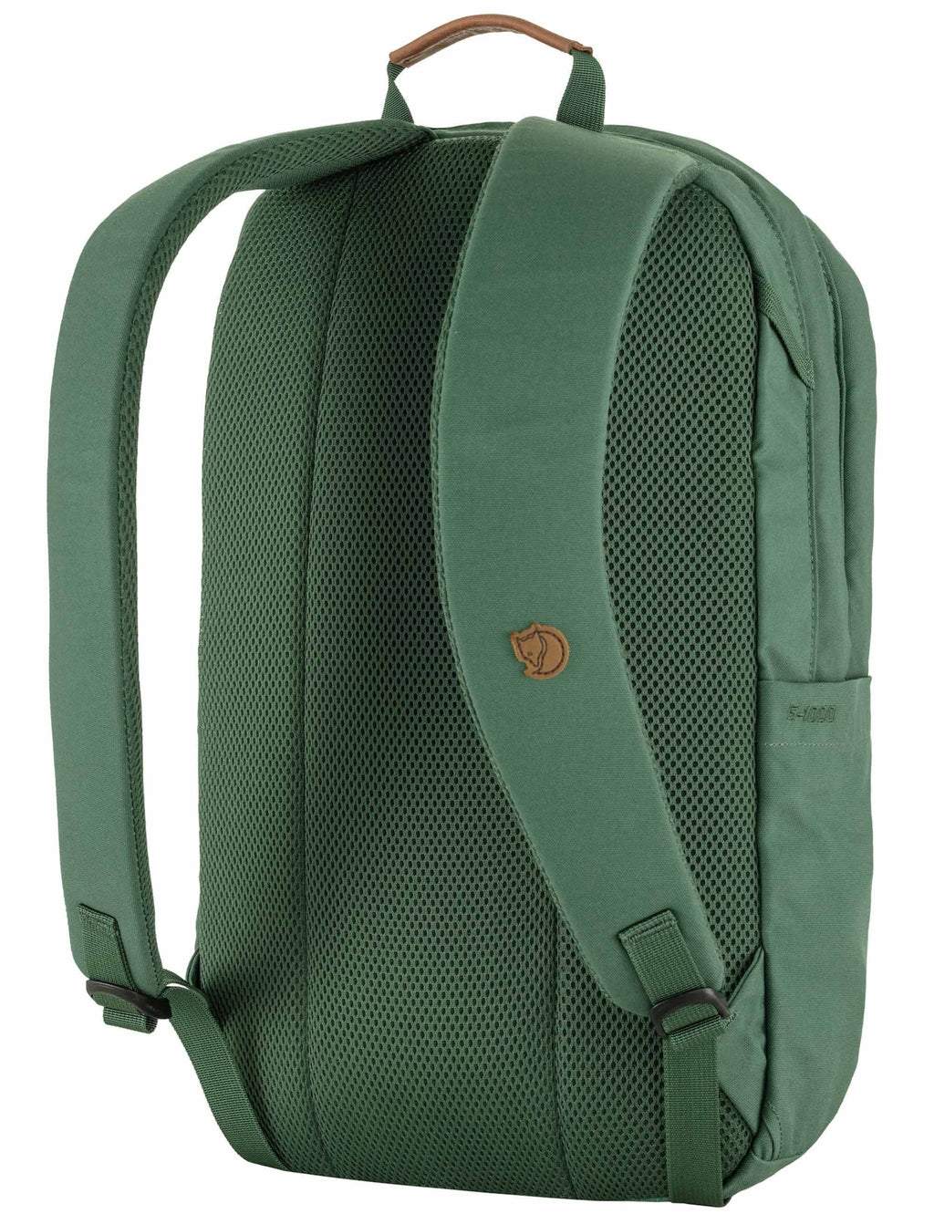 Green backpack with mesh back panel, padded shoulder straps, and brown leather logo patch