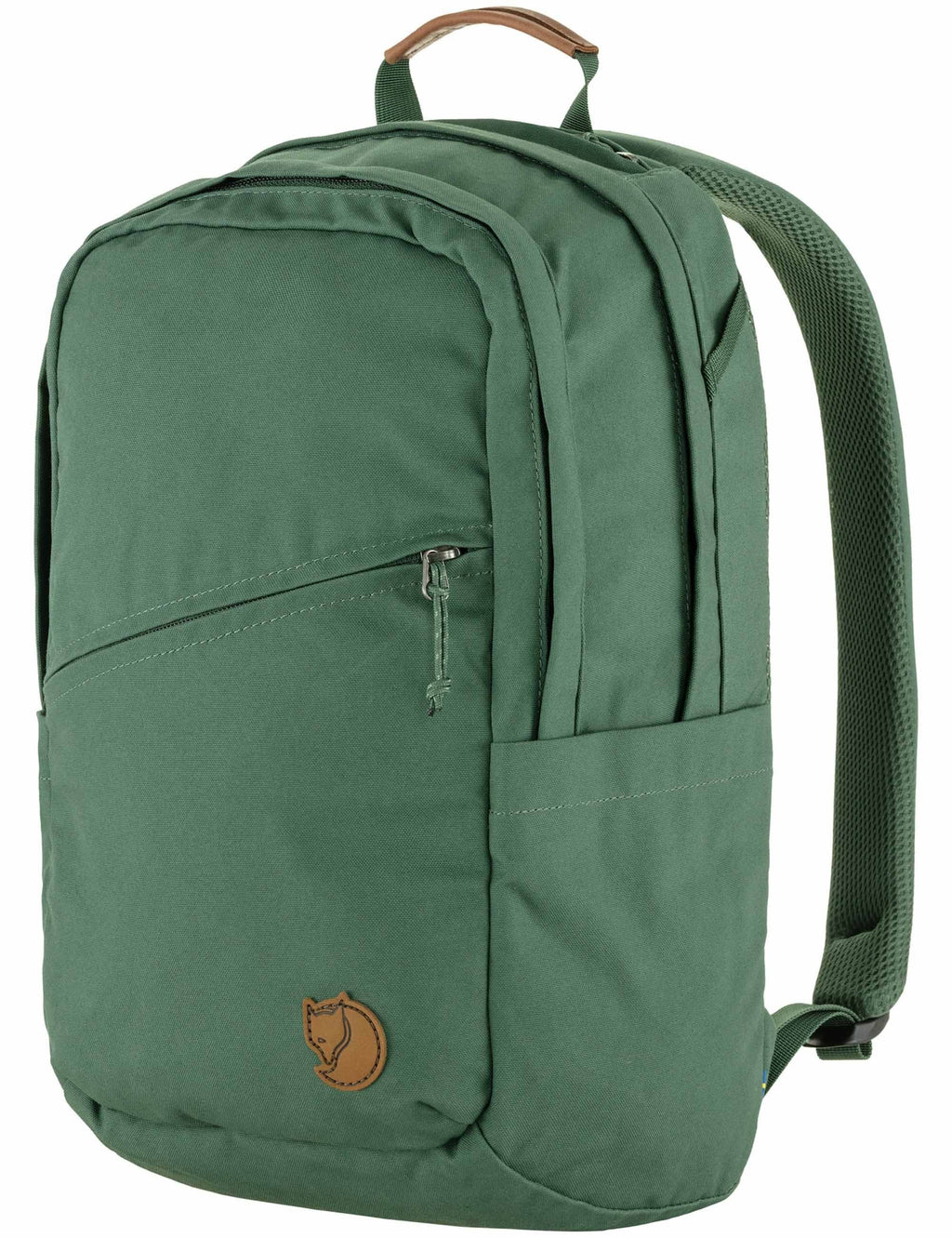 Green backpack with side zipper, front pocket, top handle, and brown leather logo patch