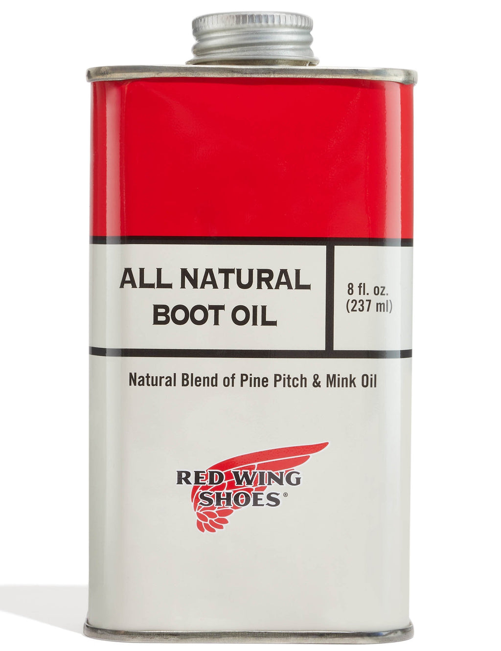 Boot oil bottle with red label, white base, and silver screw cap