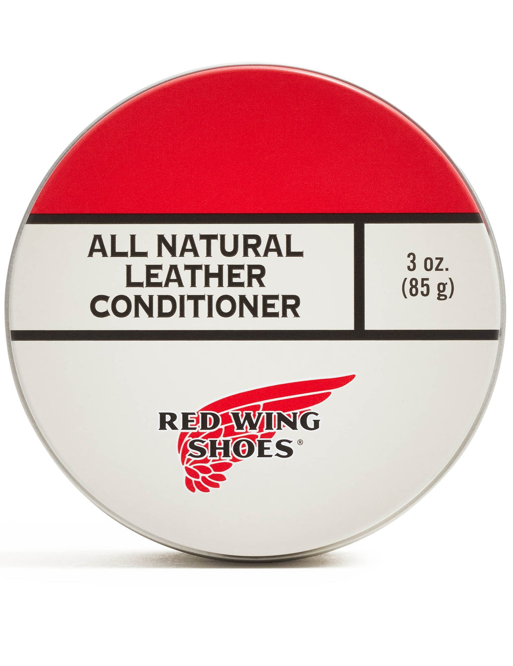 All natural leather conditioner tin with red lid, 3 oz label and Red Wing Shoes logo