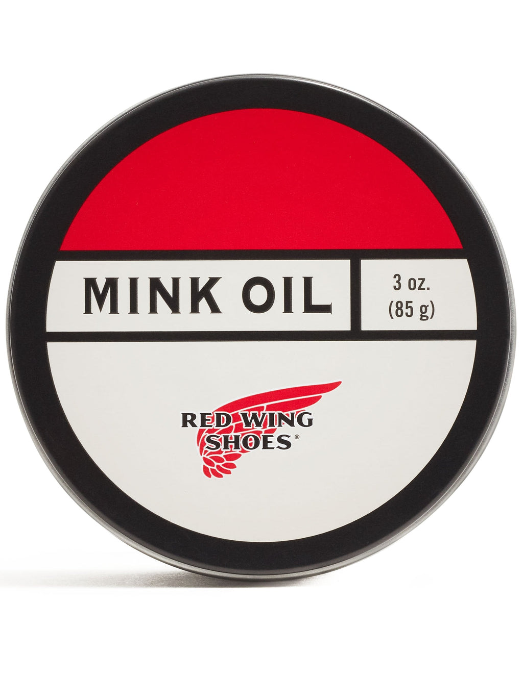 Mink oil tin 3 oz with black rim, red lid, label and Red Wing Shoes logo