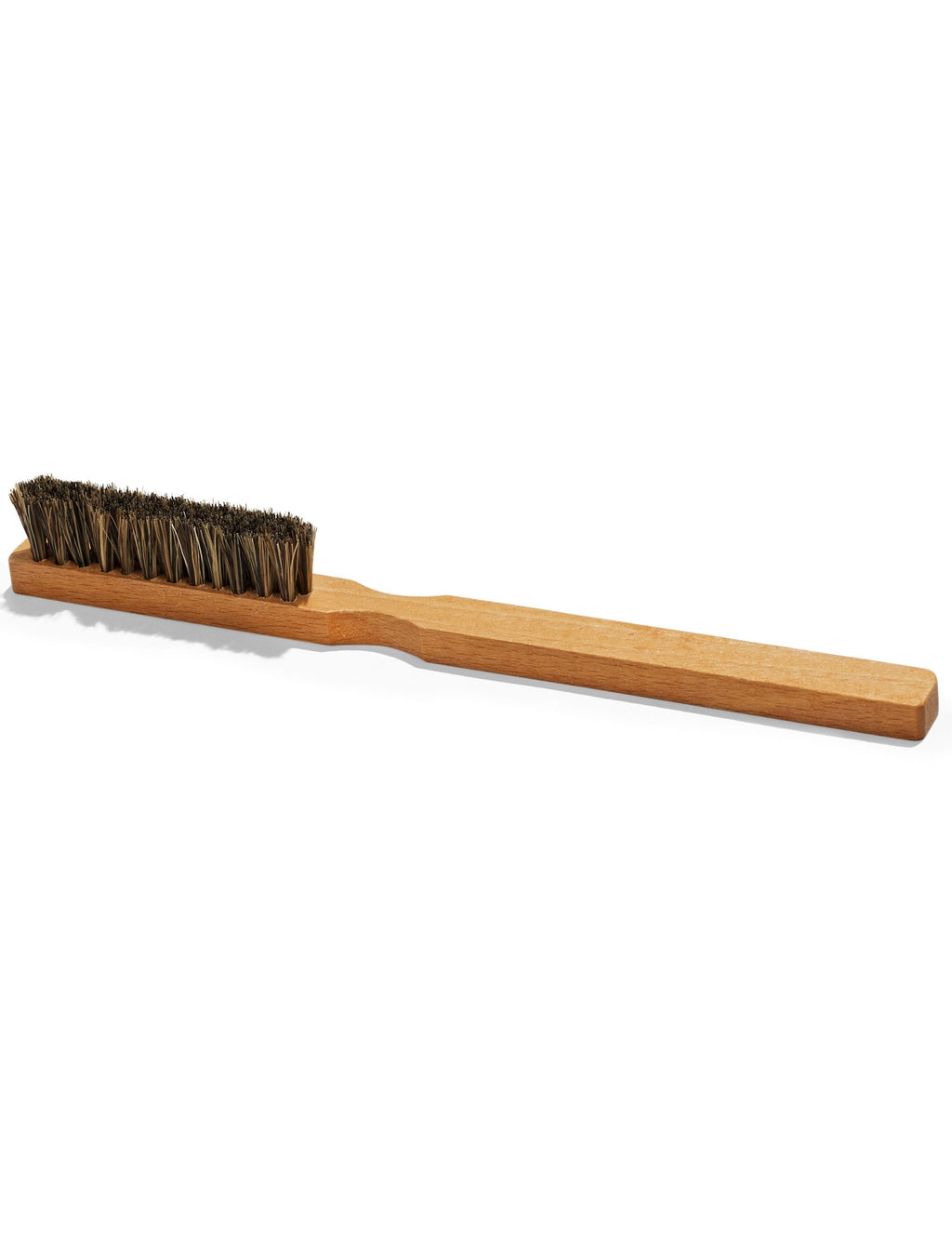 Horse hair welt cleaning brush with wooden handle and stiff dark bristles