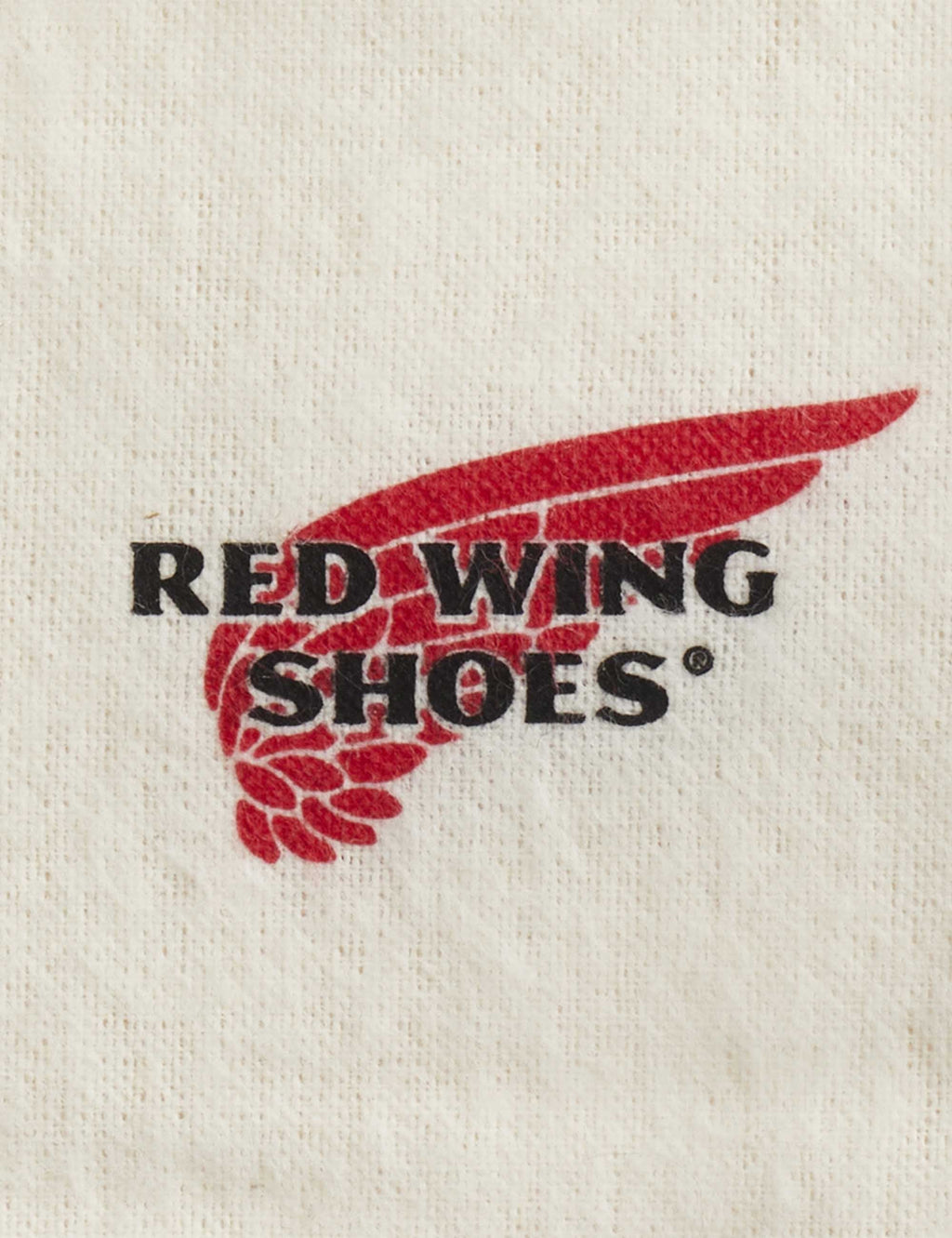 White boot care cloth with RED WING SHOES logo print