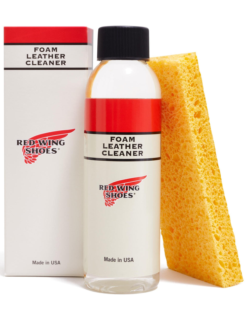 Foam leather cleaner set: bottle, box, and cleaning sponge by Red Wing Shoes.