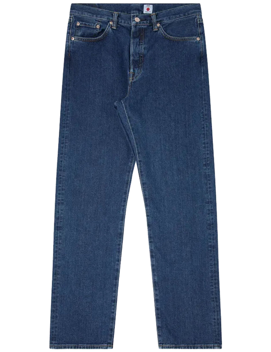 Blue loose straight jeans with belt loops, button fly, and front scoop pockets.