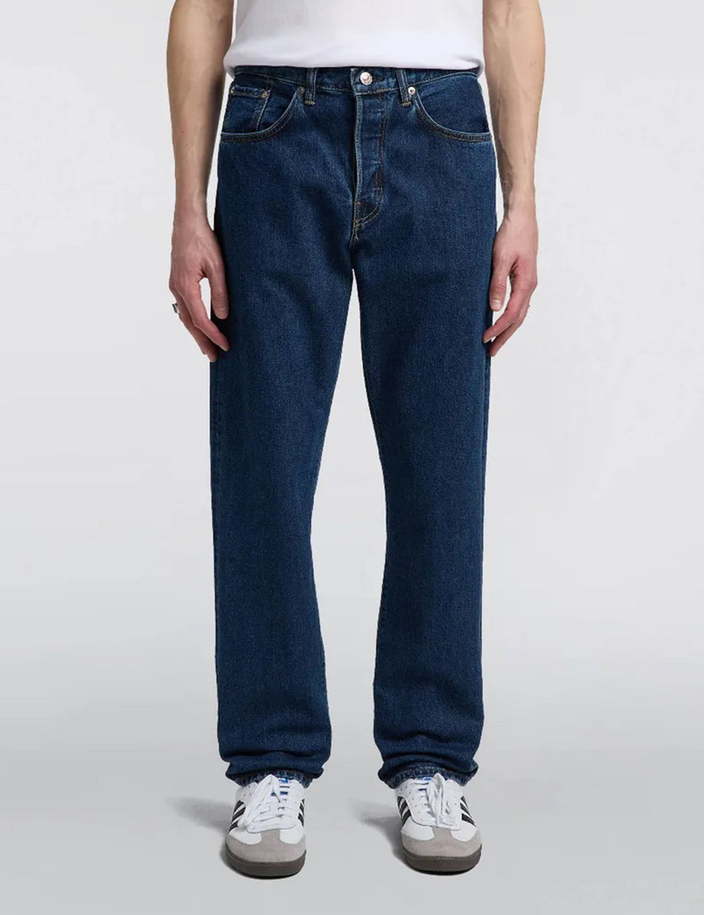 Blue straight-leg jeans with five-pocket styling, belt loops, and relaxed fit.