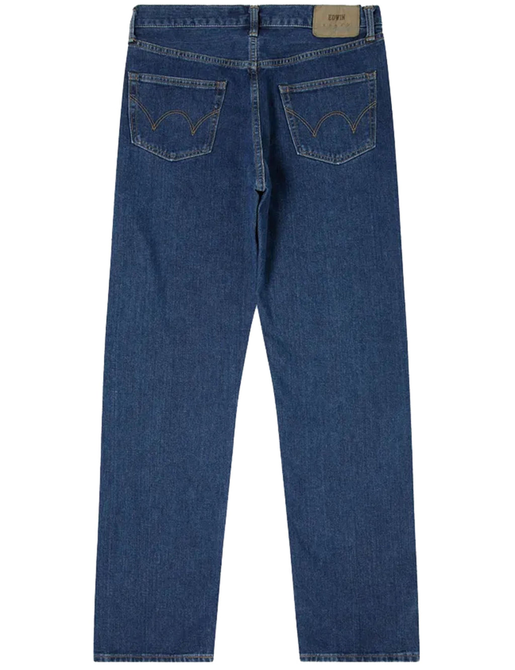 Blue loose straight jeans showing back yoke, two back pockets, and belt loops.