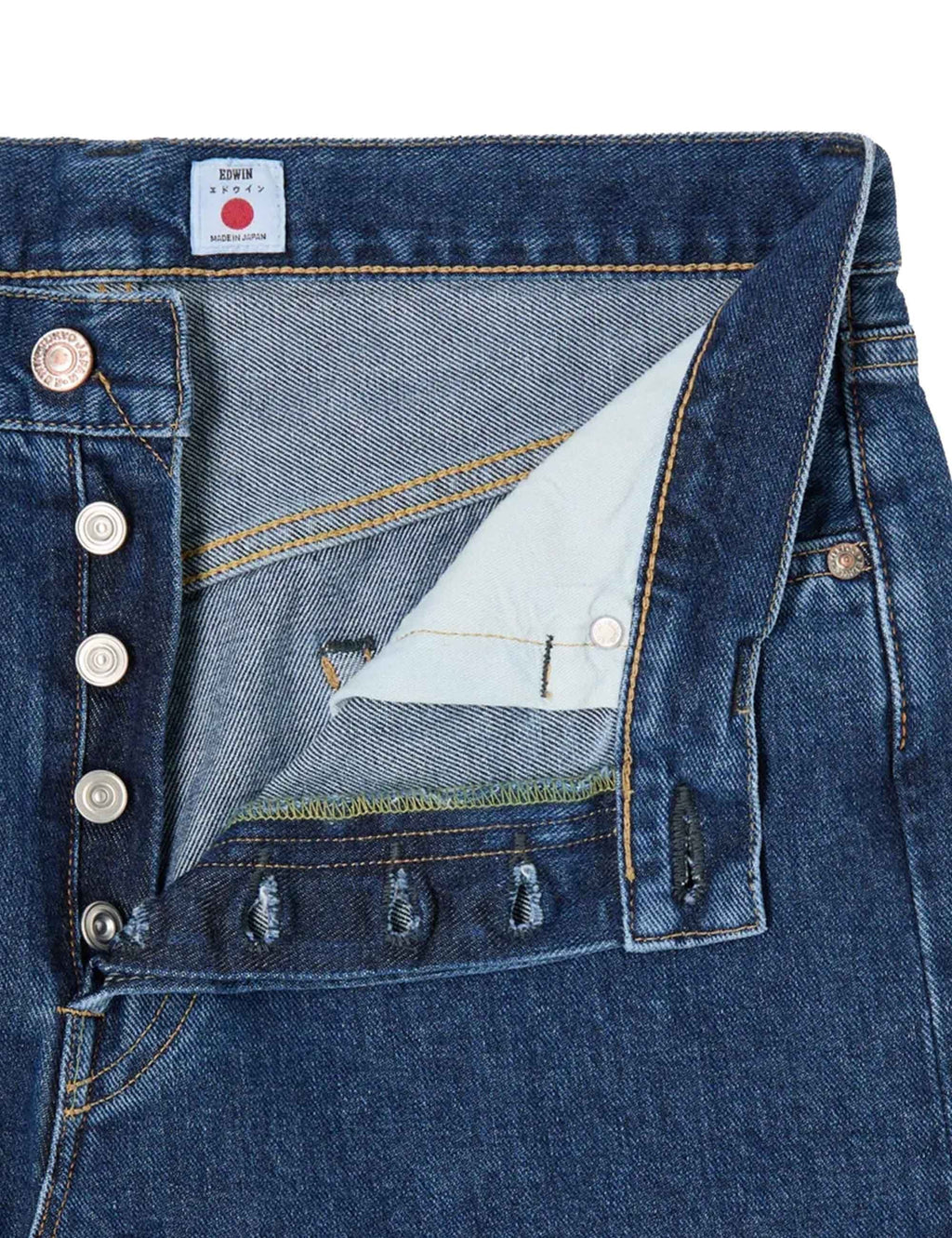 Close-up of blue jeans front with button closure, coin pocket, and stitched yoke.