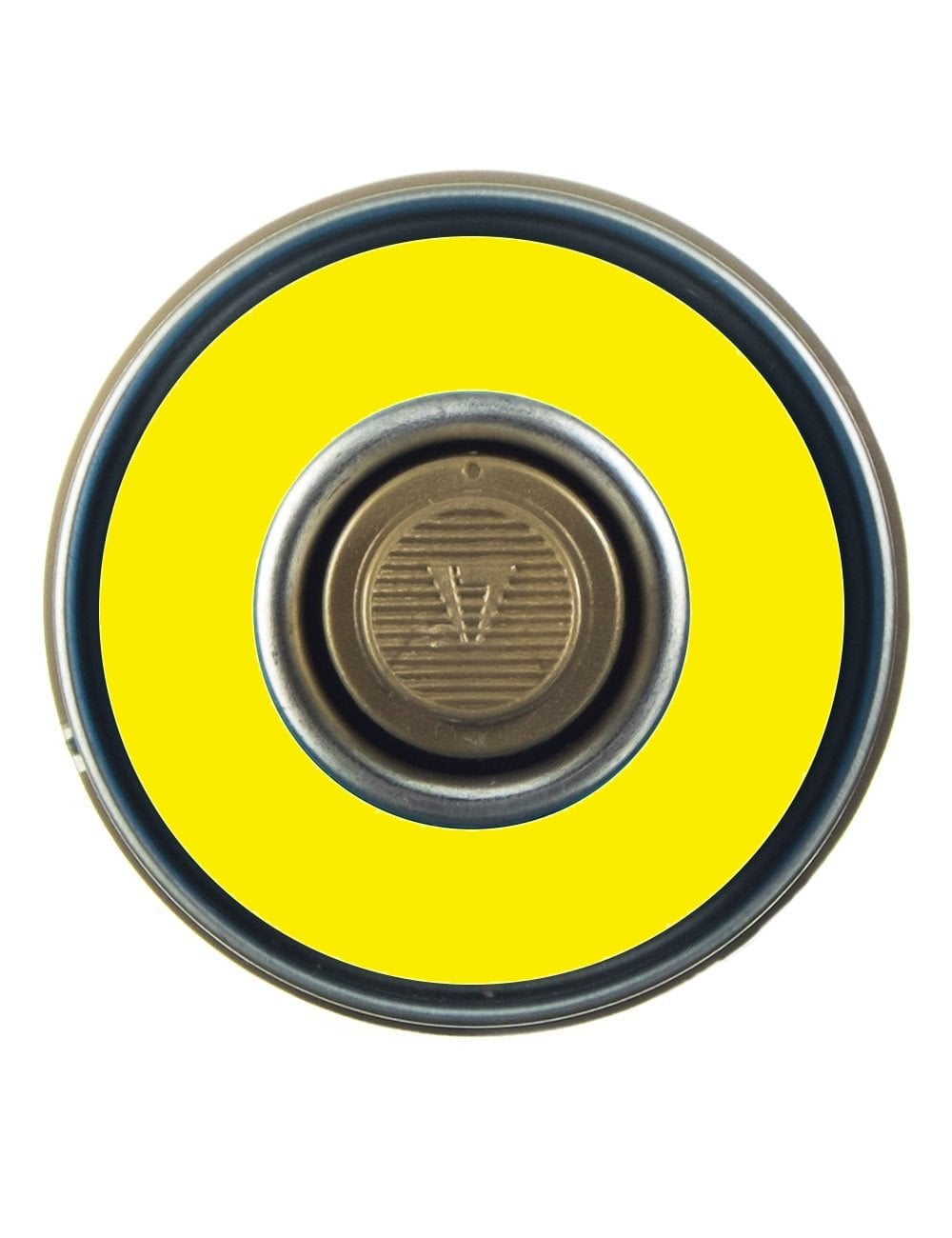 Spray paint can cap and nozzle, yellow top with metallic gray rim