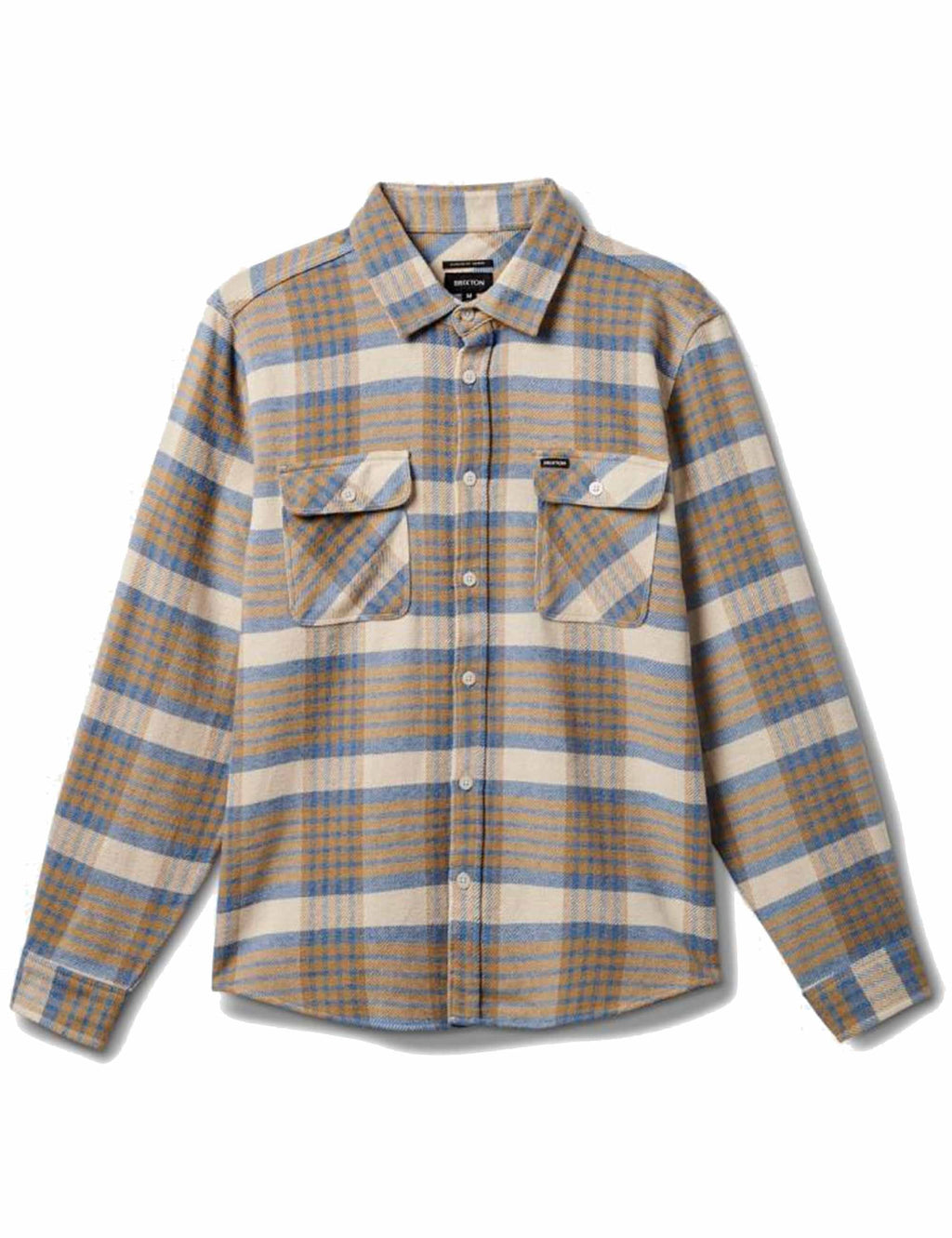 Plaid flannel button-up shirt in blue and sand, two chest flap pockets, long sleeves