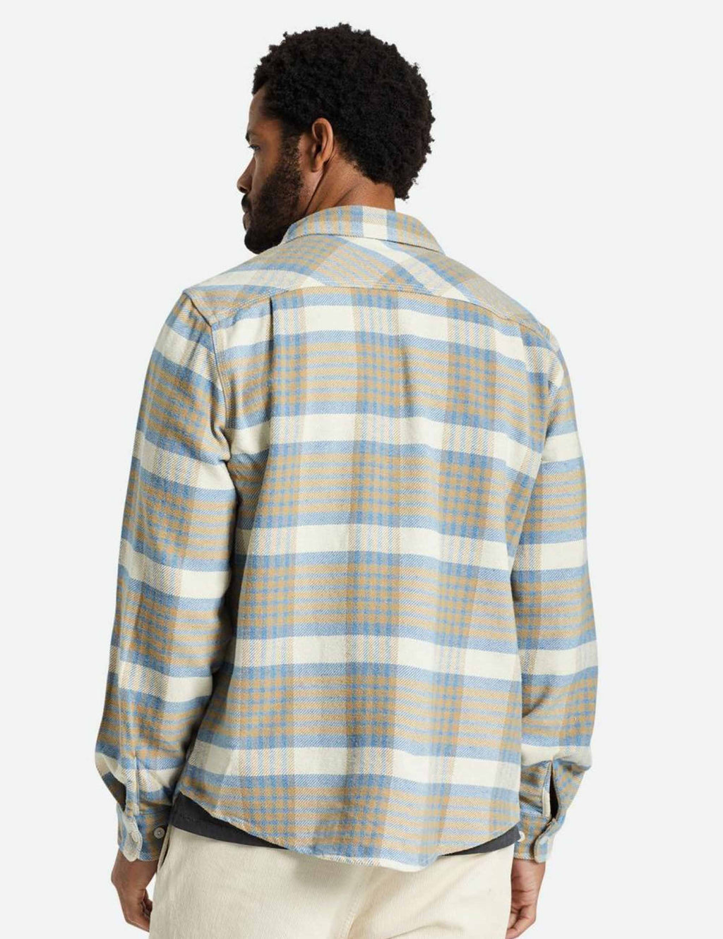 Plaid flannel button-up shirt in blue and sand, back view, long sleeves