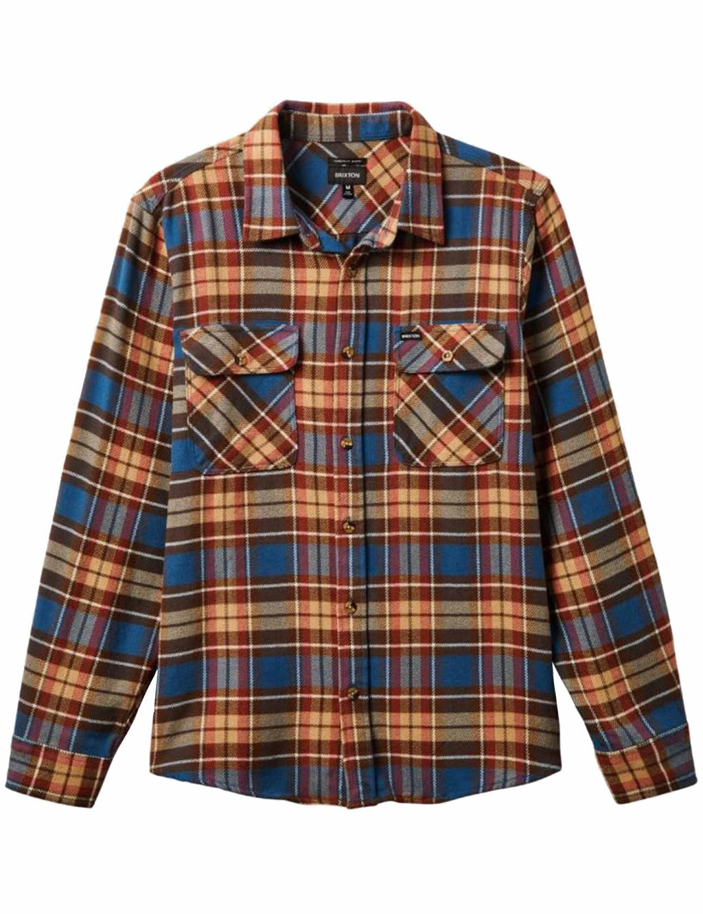 Men's flannel shirt in plaid with button front and two chest flap pockets