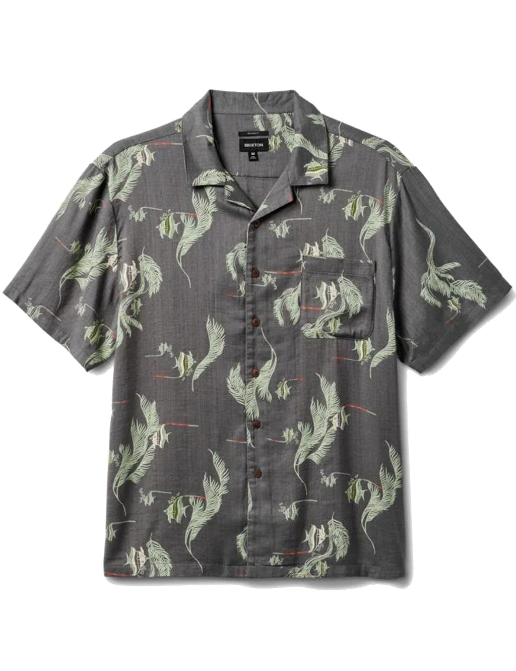 Dark gray-blue short-sleeve button-up shirt with green dinosaur print and chest pocket