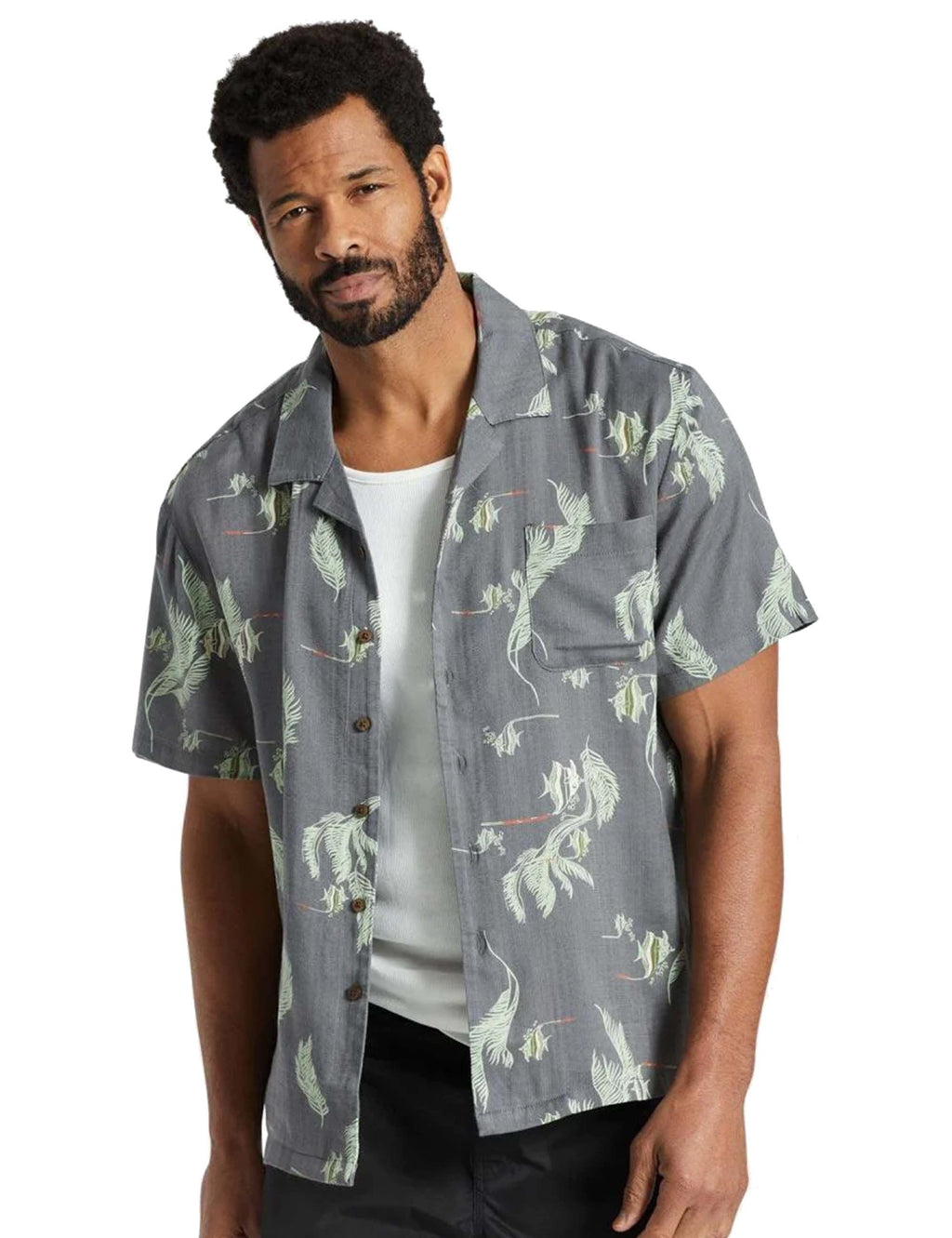 Dark gray-blue short-sleeve button-up shirt with allover green dinosaur motif