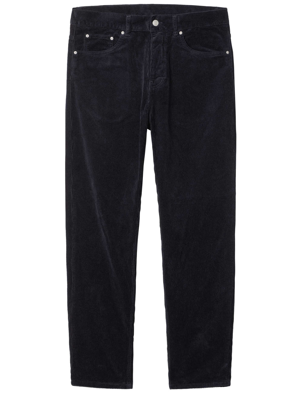 Dark navy corduroy pant with button closure, belt loops, and front pockets