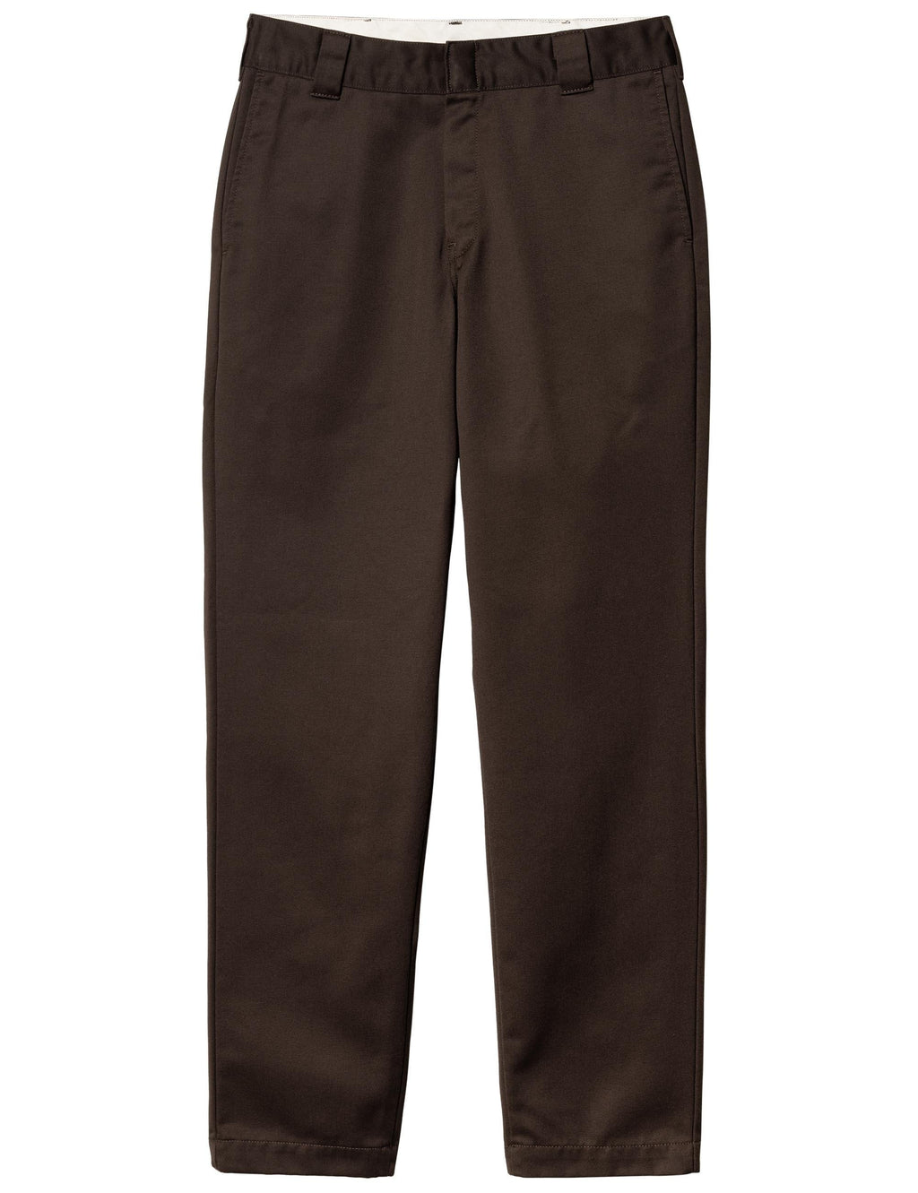 Brown work pants with belt loops, front pockets, and straight-leg fit