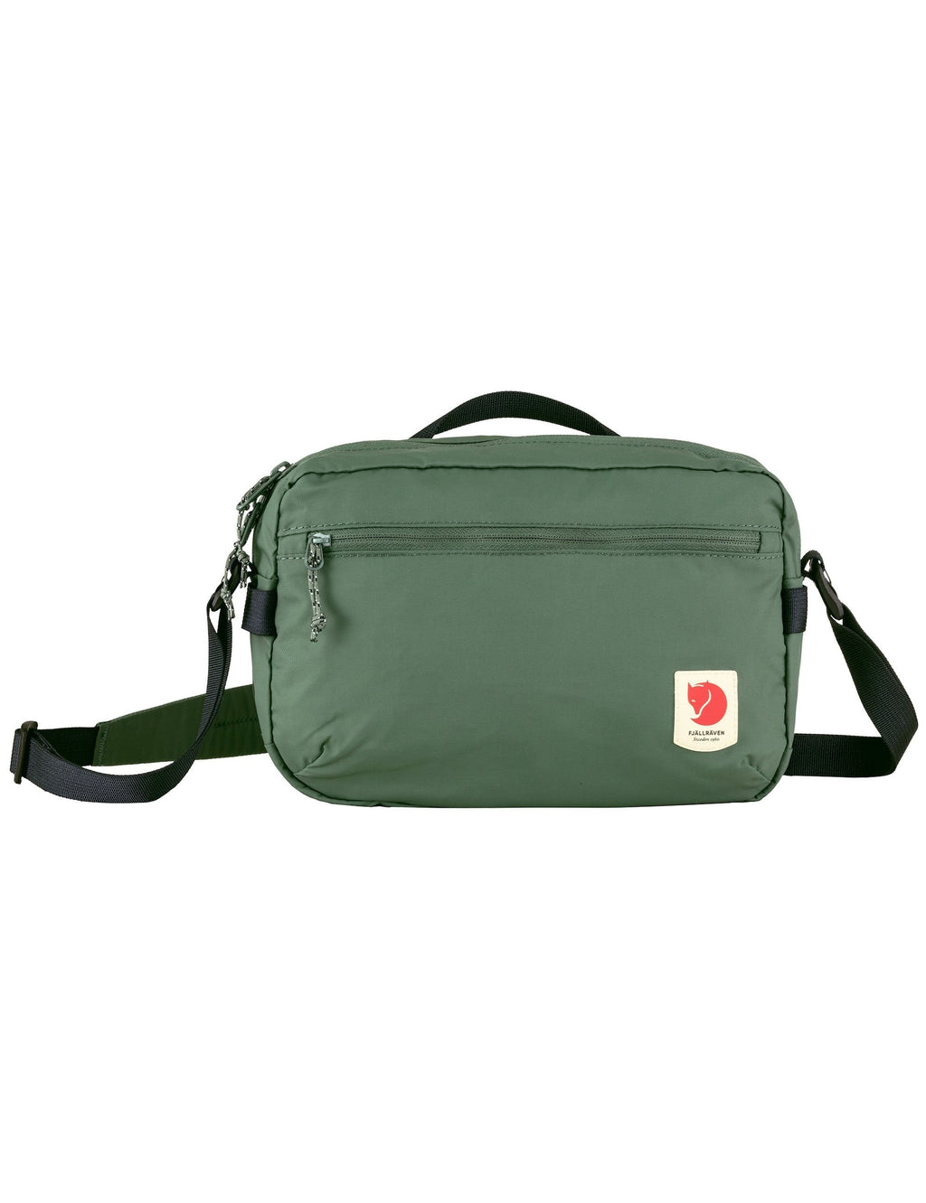 Patina green crossbody 3L bag with zip front, side zippers, and adjustable strap