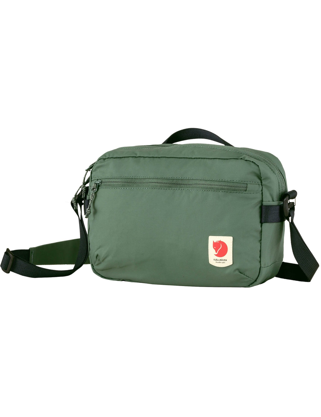 Patina green crossbody 3L bag with front zip, side zippers, and logo patch