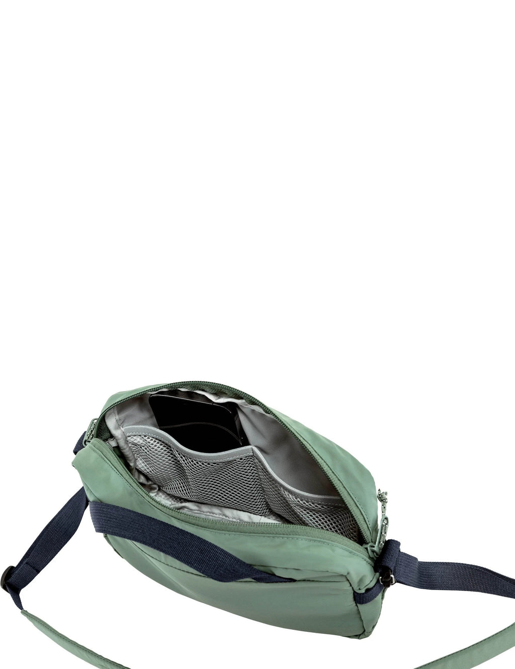 Patina green crossbody 3L bag with open interior, mesh lining, and side zipper