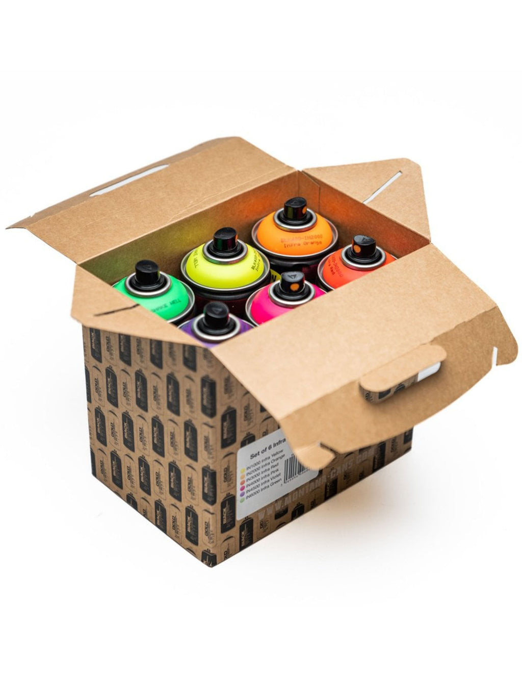 Spray paint can box set with neon colored cans in an open cardboard tray