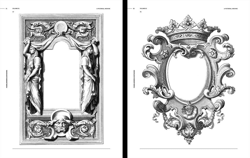 Open book spread with engraved ornate rectangular frames and an oval frame, black and white