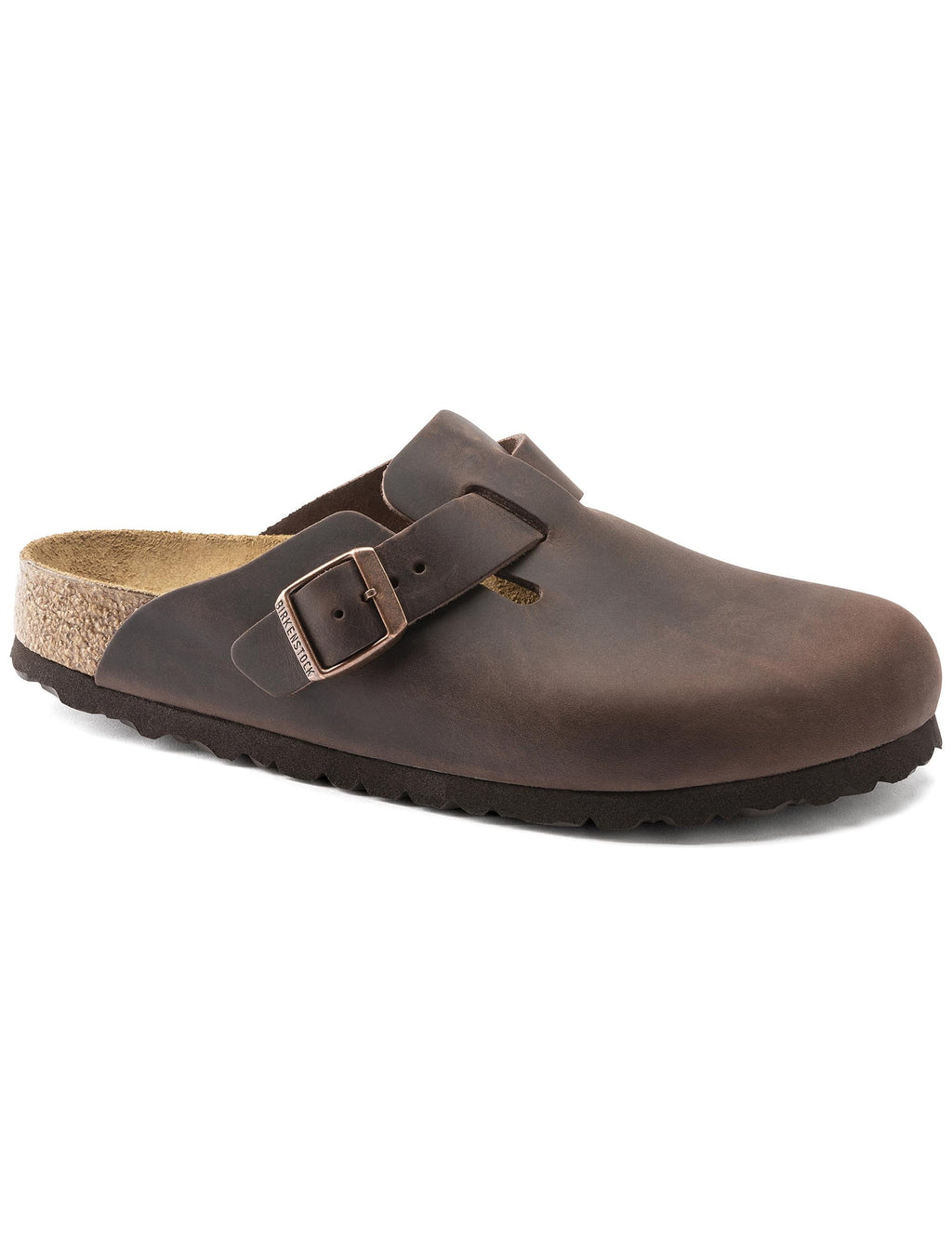 Brown leather mule clog with adjustable buckle strap and cushioned footbed