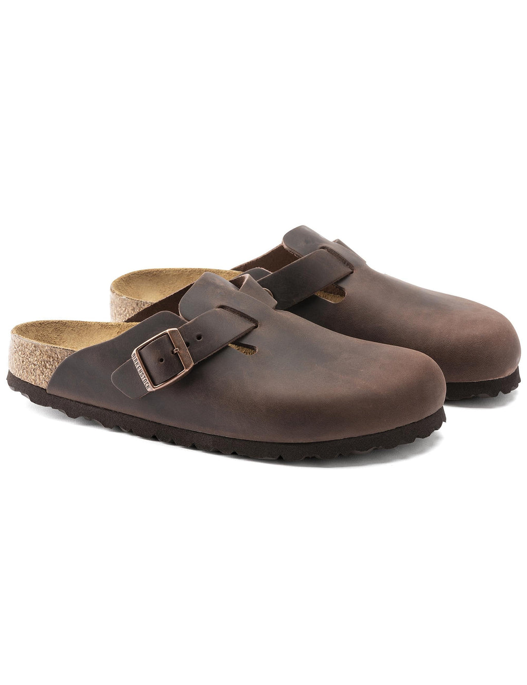 Brown leather mule clogs with two straps and adjustable metal buckle