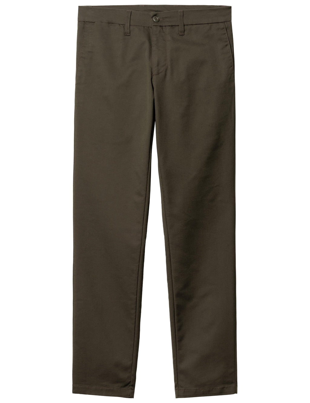 Olive-green chino pants with belt loops, button fly, straight legs.