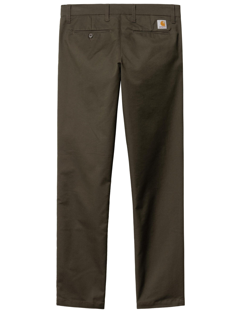 Olive-green chino pants with belt loops and button closure, front view.