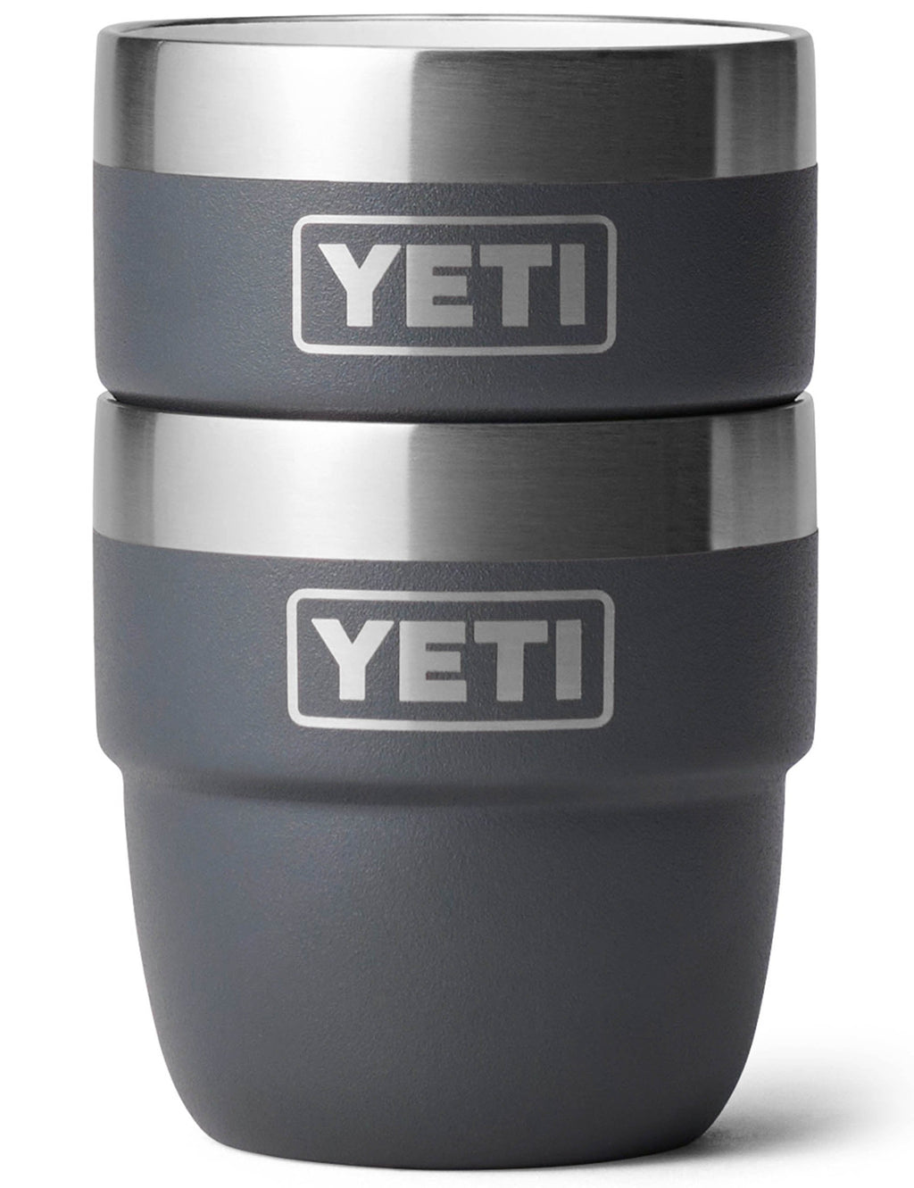 Charcoal YETI Rambler espresso mug, stackable two-pack, stainless steel rim