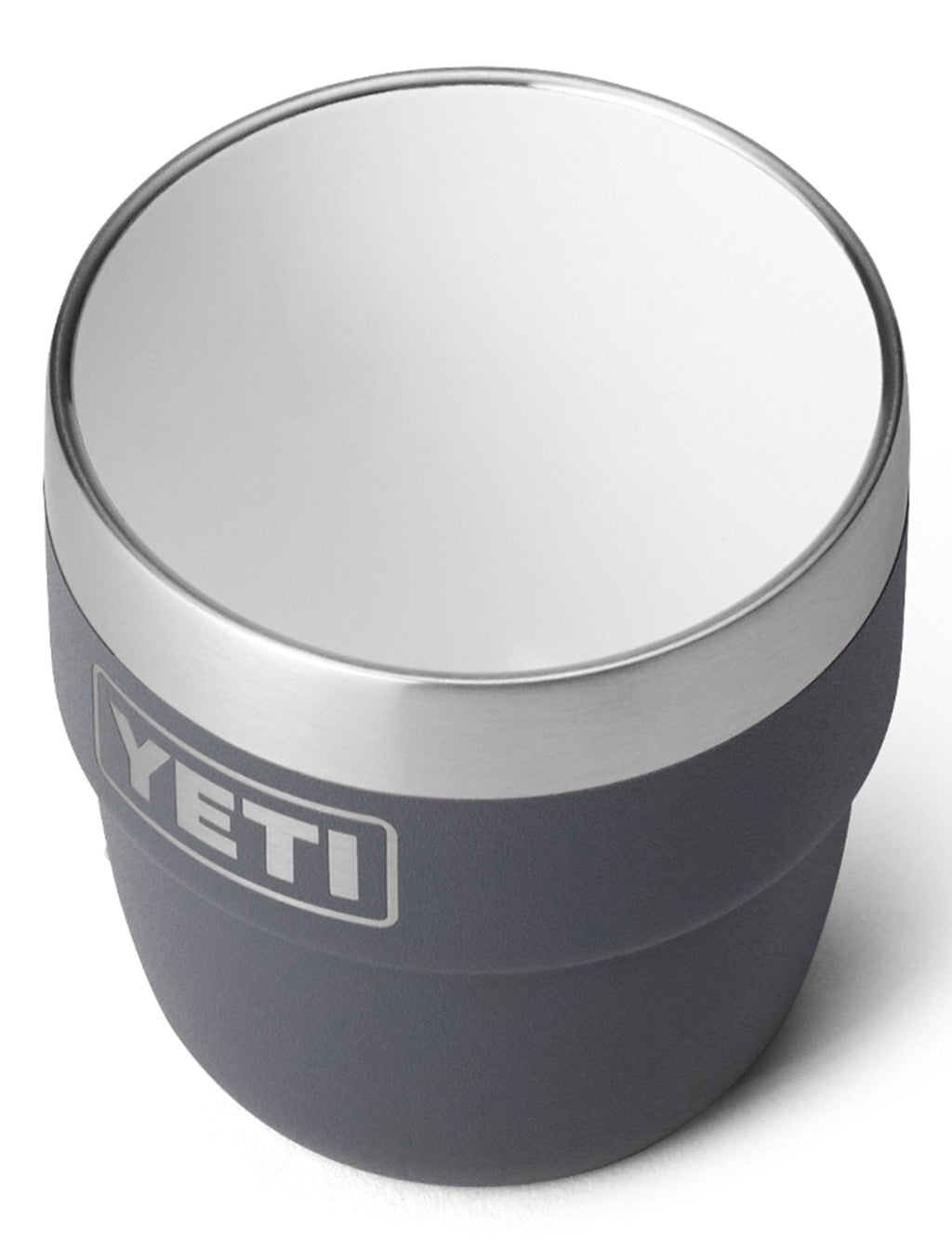 Charcoal YETI Rambler espresso mug top view, stainless steel rim visible